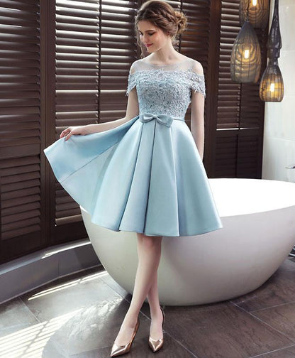 Light Blue Satin Lace Top Off Shoulder Homecoming Dress     cg23651