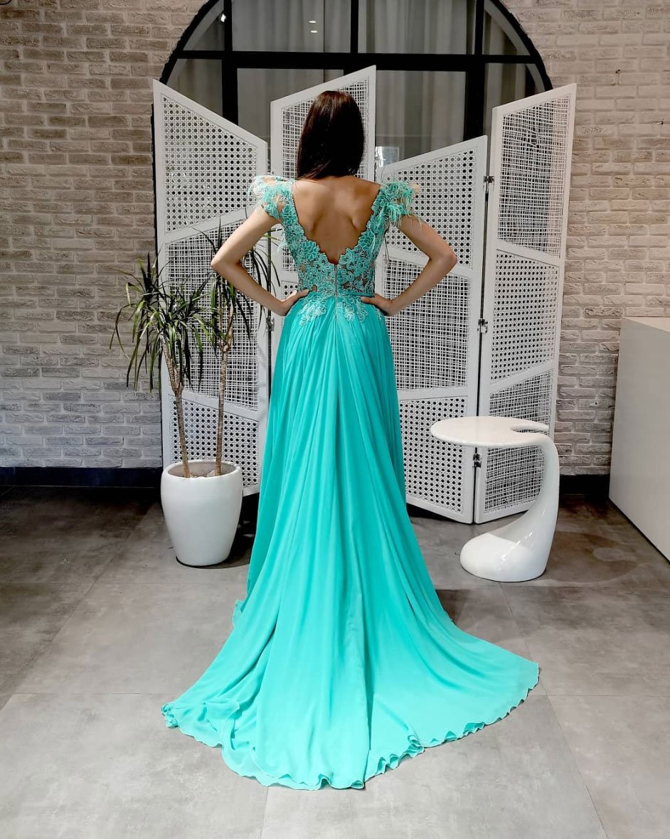 Green round neck chiffon lace long prom dress, lace evening dress    cg23654