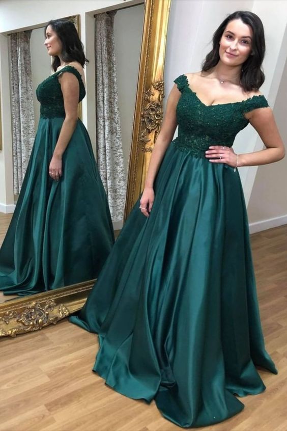 off the shoulder green long evening dress with lace appliques bodice Prom Dress      cg23660