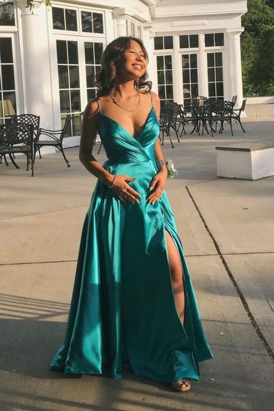 A-line green satin long prom dress features with spaghetti straps        cg23666