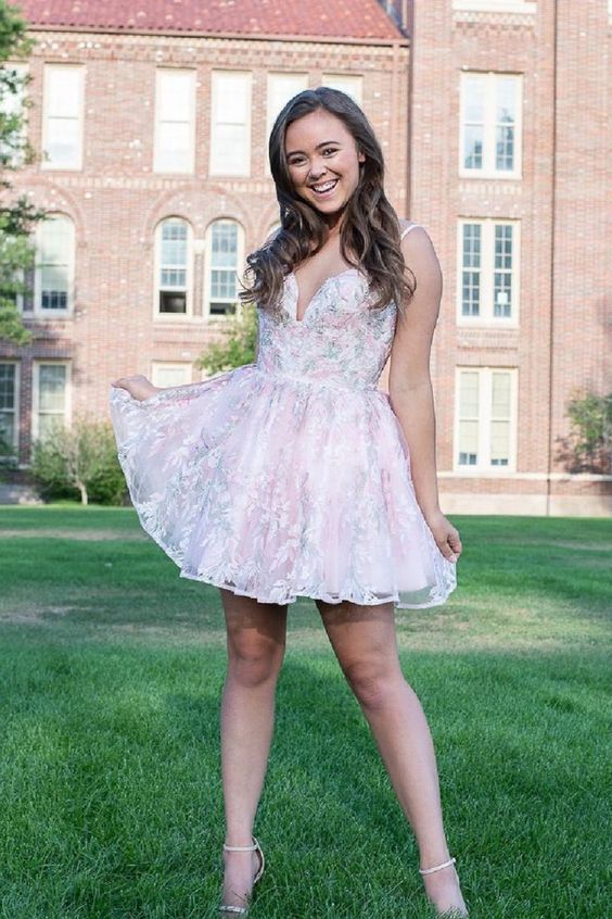 A-line pink lace short dress for your 2021 school homecoming dancing    cg23672