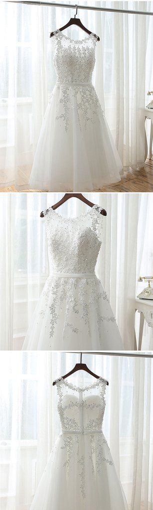 Lovely Tea Length White Tulle And Lace Round Neckline Party Dresses, White Formal Dresses Homecoming Dresses       cg23697