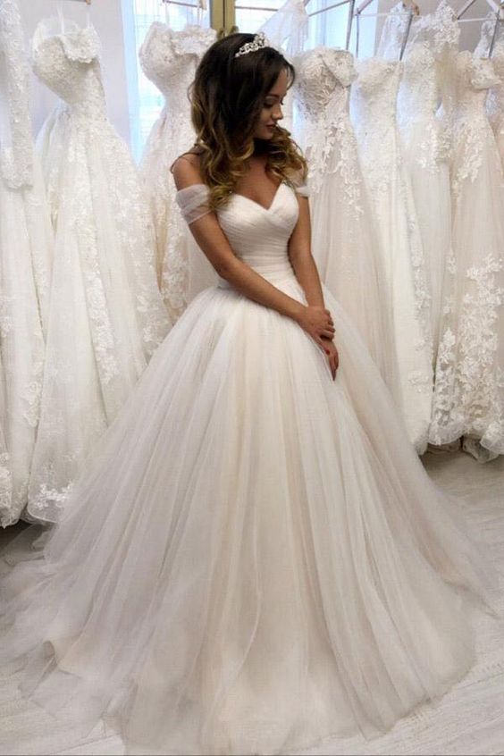 Off The Shoulder Tulle Sweetheart White Wedding Prom Dresses Bridal Gown         cg23704