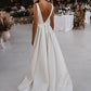 V Neck and V Back White Satin Long Prom Dresses with High Slit      cg23712