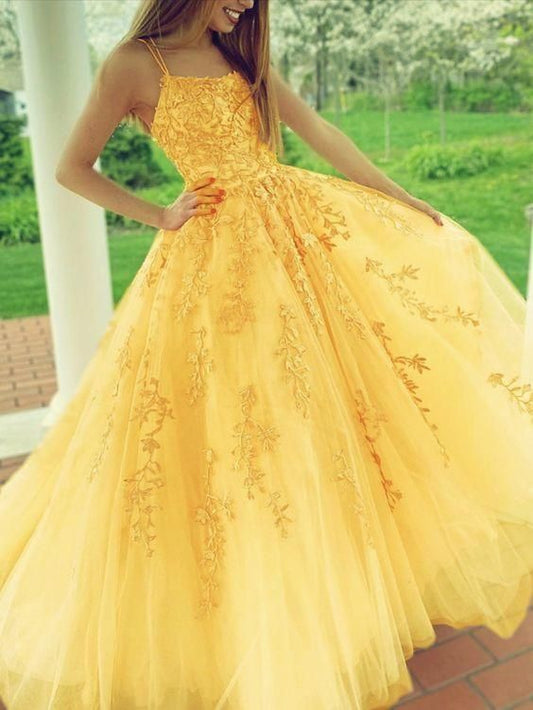 yellow prom dresses lace embroidery ball gown with multi straps prom dress evening dress      cg23736