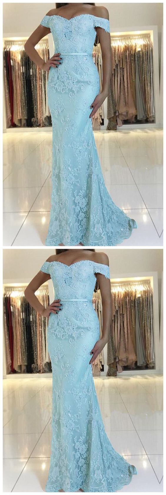 Off The Shoulder Mermaid Blue Lace Prom Dress      cg24425