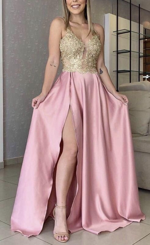 beautiful gold lace prom dresses satin split        cg24780