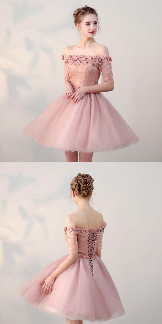 Off Shoulder Homecoming Dresses,Tulle Appliqued Homecoming Dresses cg249