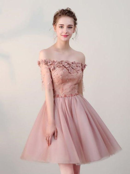 Off Shoulder Homecoming Dresses,Tulle Appliqued Homecoming Dresses cg249