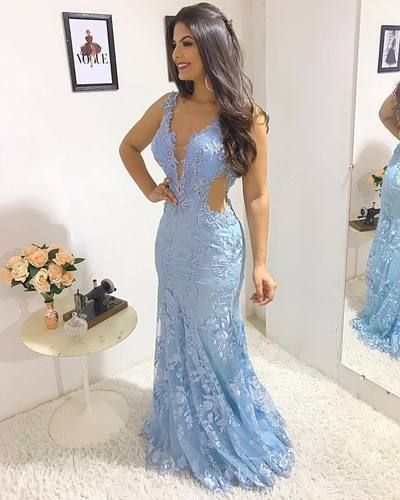Gorgeous Blue Mermaid Prom Dress Lace Appliques Deep V Neck Floor Length Formal Evening Dresses cg2526