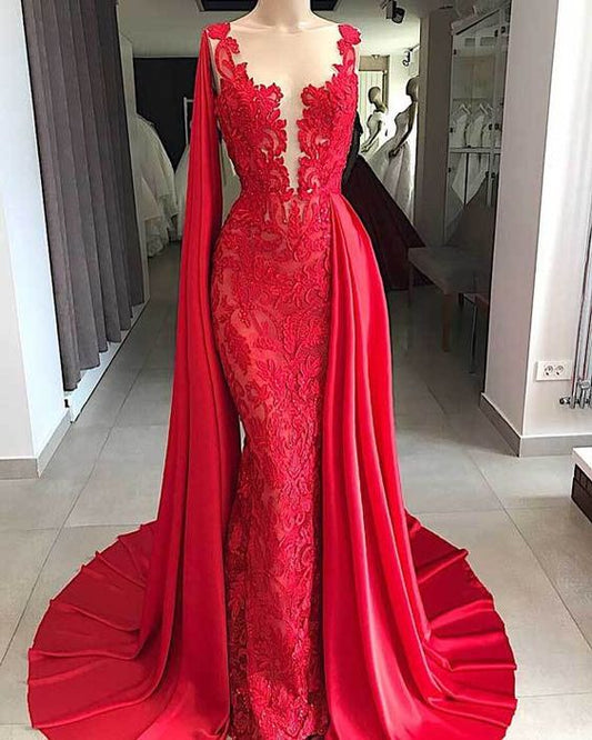 Mermaid Prom Dresses Red Lace Sheer Neck Beads Elegant Evening Dresses cg2616