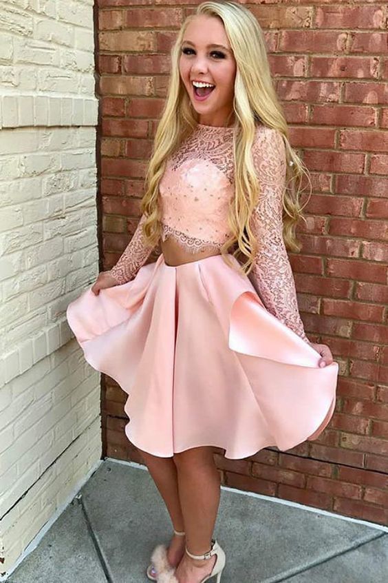 Two Piece Jewel Long Sleeves Short Pink Homecoming Dress with Lace Party Dress cg2728