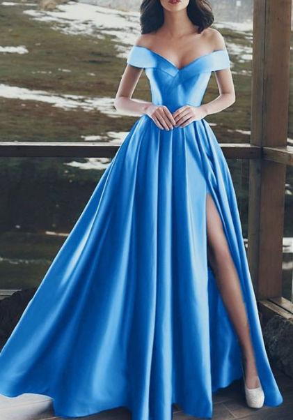 Light Blue Satin Off Shoulder Long Prom Dresses 2020 cg2740