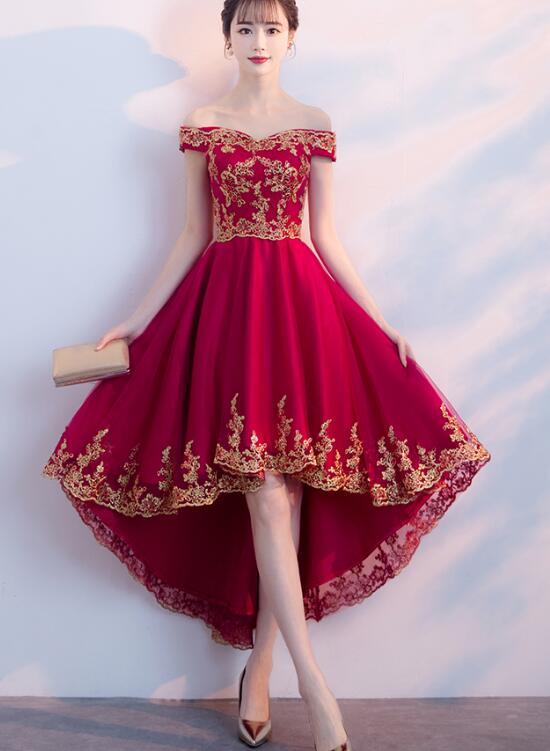 Dark Red Homecoming Dress 2019, High Low Off Shoulder Party Dress cg2796