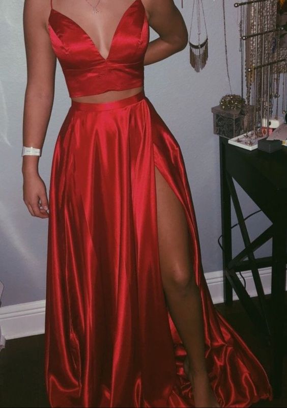 Two Pieces Red Long Prom Dresses,Satin Evening Dresses with Split  cg2805