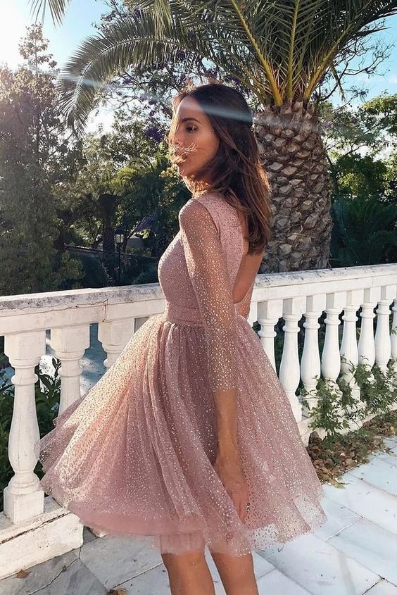 Glitter Pink 3/4 Sleeves Open Back Short Homecoming Dress cg2807