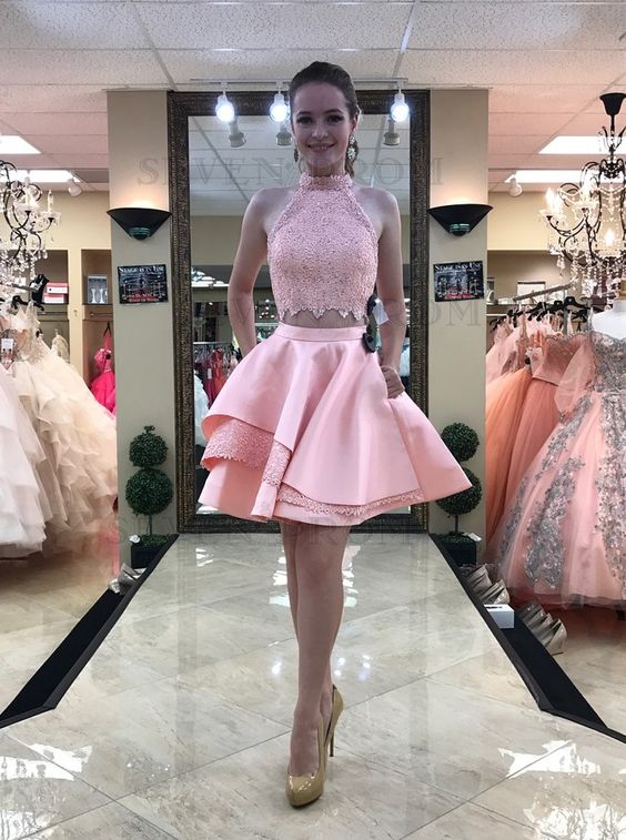 Two Piece High Neck Above-Knee Pink Homecoming Dress with Lace Pockets cg2832