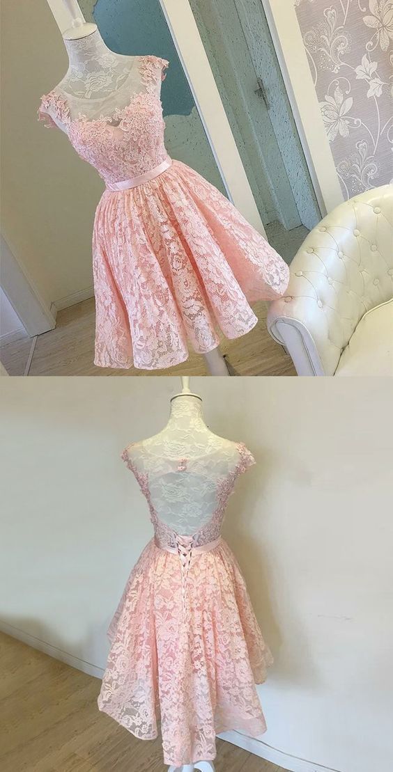 High Low Scoop Open Back Pearl Pink Lace Homecoming dress cg2847
