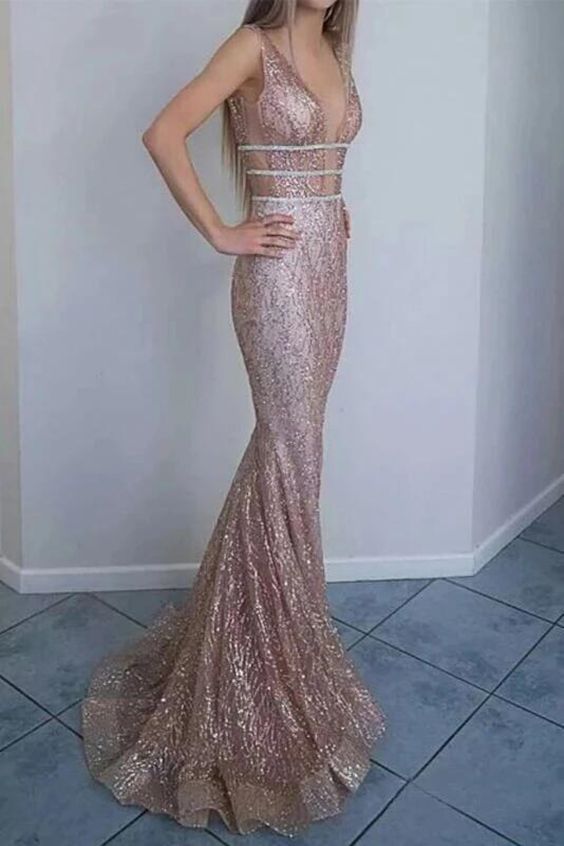 Mermaid V-Neck Backless Glitter Formal Evening Prom Dresses cg2861