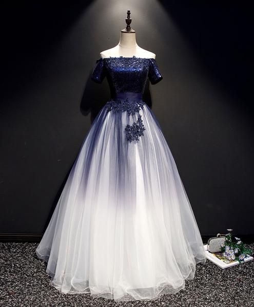 Blue tulle lace long prom dress, blue tulle lace formal dress cg2873