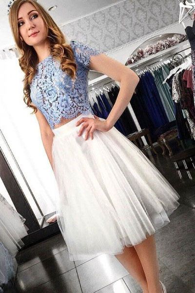 Two Piece Homecoming Dress,Lace Top Homecoming Dress,Short Homecoming Dresses cg2890