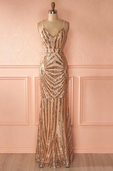 Mermaid Spaghetti Straps Gold Long Sexy Prom Dress with Sequins  cg2924