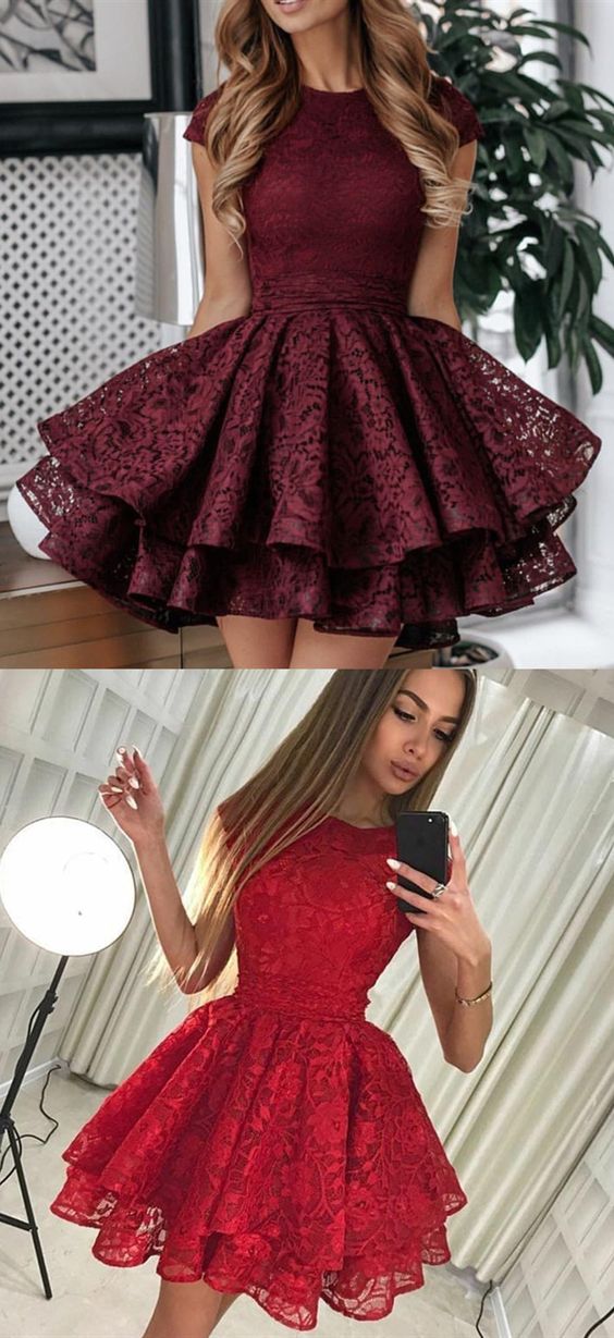 A-Line Round Neck Short Red Lace Homecoming Dress cg2975