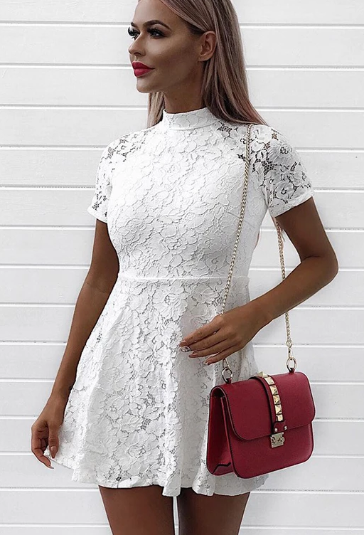A-Line High Neck Short Sleeves Lace Homecoming Dresses Online cg2992