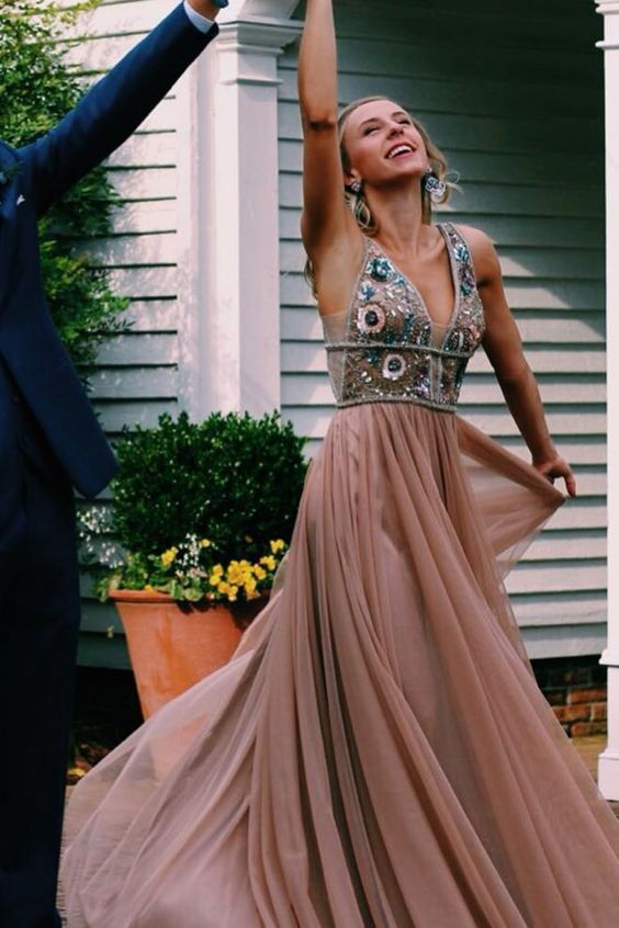 Champagne Long Prom Dresses with Beaded V Neck Top, Graduation Dresses  cg3049