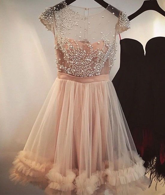 A-Line Jewel Light Champagne Short Homecoming Dress with Beading  cg307