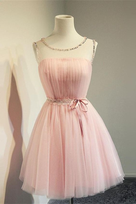 Pink Round Neck Simple Tulle Short Homecoming Dress  cg3126
