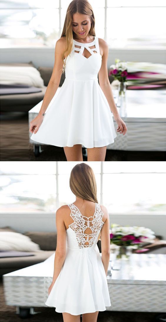 Simple Charming A-Line Jewel Keyhole White Short Homecoming Dress with Lace cg317