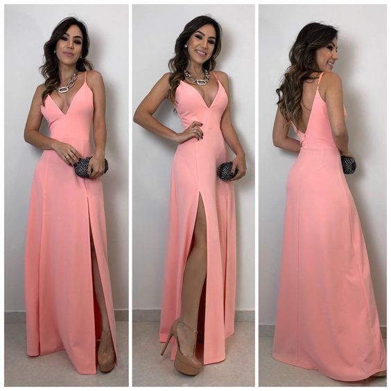 A-lien v neck pink long prom dress , open back prom dress with split  cg3243