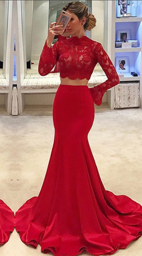 High Neck Long Sleeve Two Piece Prom Dresses cg3252