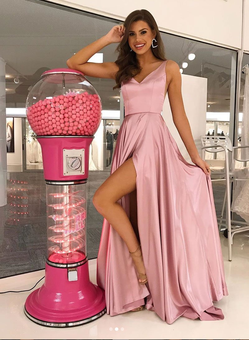 Pink v neck long prom dress, simple evening dress cg3288
