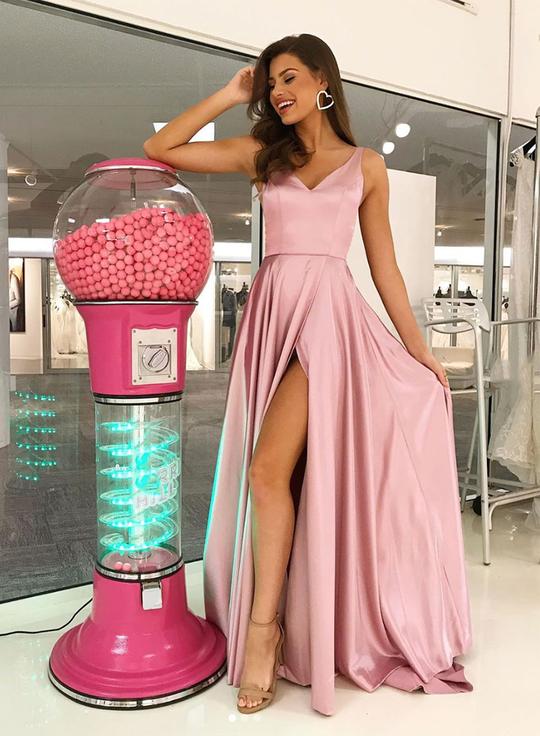Pink v neck long prom dress, simple evening dress cg3288