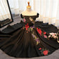 Beautiful Satin Black Tea Length Party homecoming Dress, Floral Black Formal Dress cg3290