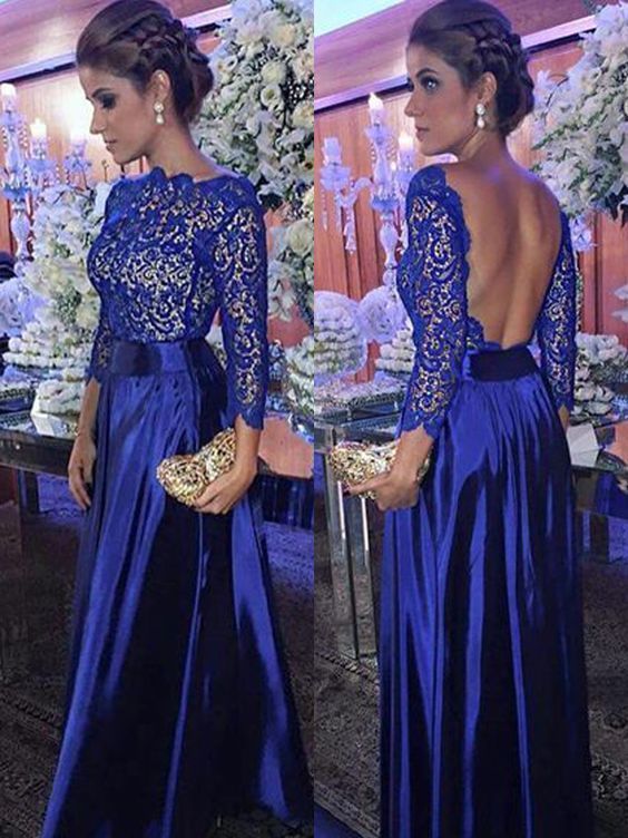 Elegant A Line Round Neck Open Back Long Sleeves Royal Blue Lace Long Prom Dresses, Gorgeous Evening Party Dresses cg3303