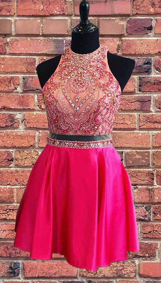 Beaded Two Piece Short Dress Hot Pink Homecoming Dress cg3311