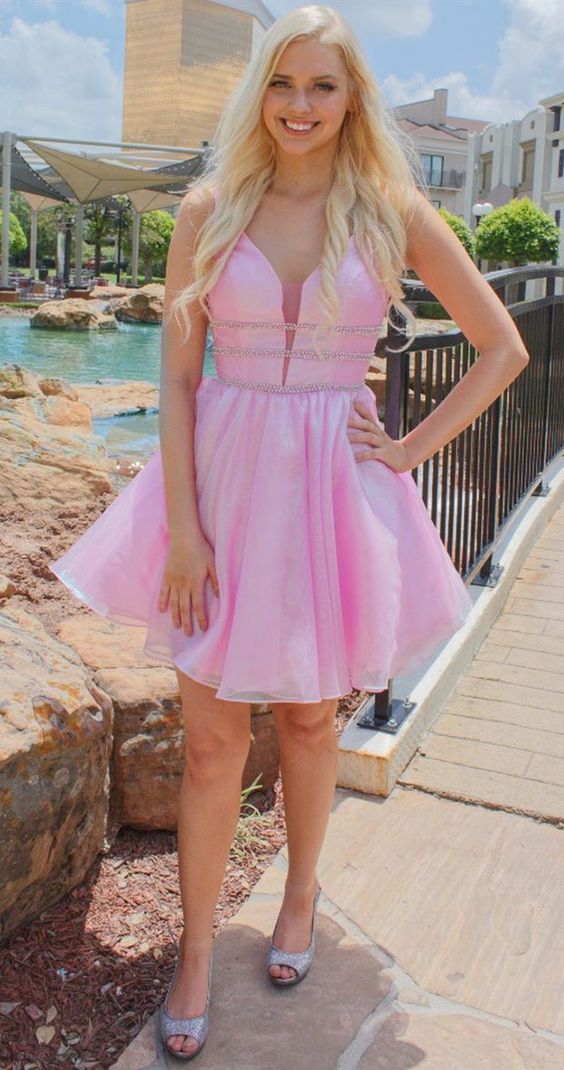pretty pink short homecoming dresses, formal hoco dresses with beading cg3339