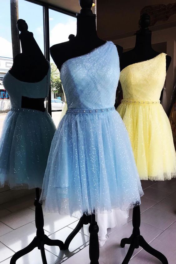 Sparkly Tulle One Shoulder Yellow Homecoming Dress cg3352