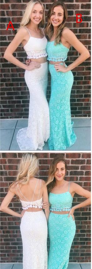 Two Piece Mermaid Spaghetti Straps Floor-Length Lace evening dresses prom dresses cg3365