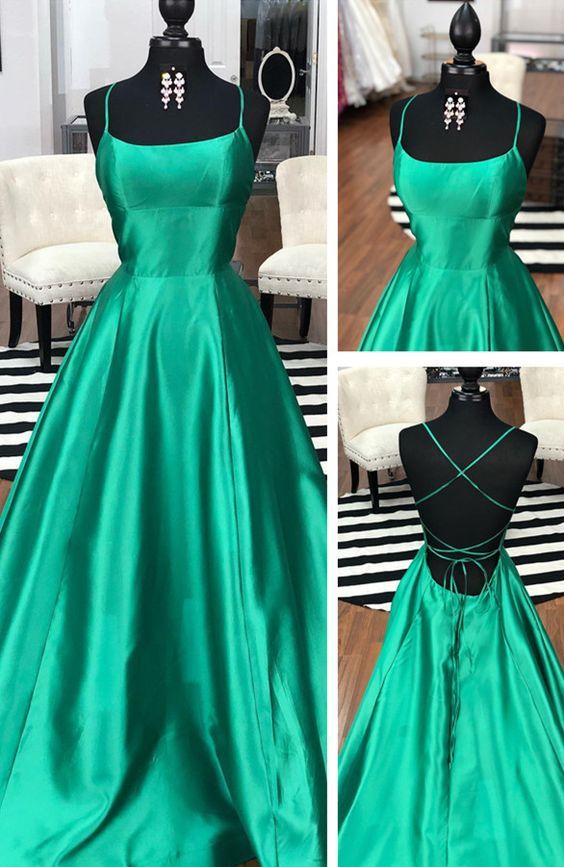 Simple A-Line Scoop Neck Cross Back Green Satin Long Prom Dresses,Evening Party Dresses  cg3392