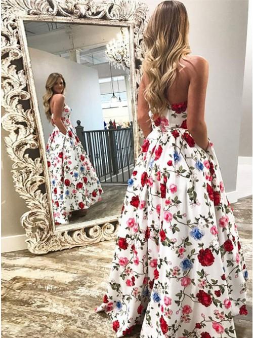 A-Line Strapless High Low White Printed Prom Dress with Pockets cg3407
