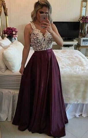 Long Prom Dresses, V-neck Party Dresses Lace, A-line Formal Evening Dresses Satin with Appliques cg3410