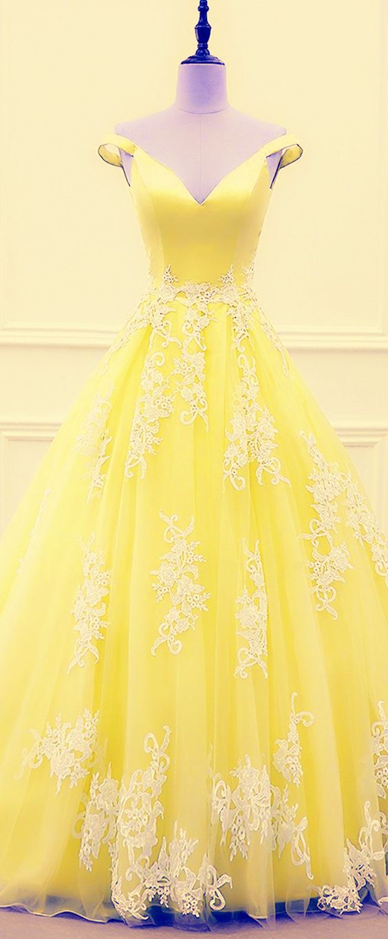elegant yellow tulle prom dresses lace appliques v neck off the shoulder cg3413