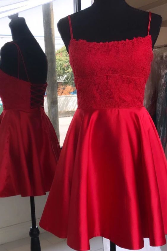 straps short homecoming dresses, red homecoming dresses with lace up back  cg3429