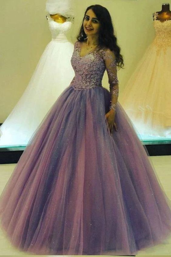 Princess Long V Neck Appliques Ball Gown Prom Dress With Long Sleeves  cg3437