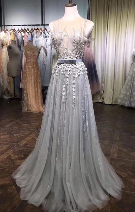 GRAY TULLE LACE BEADS LONG PROM DRESS, GRAY TULLE EVENING DRESS cg3440