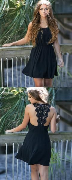 Simple A-Line Scoop Neckline Sleeveless Black Chiffon Homecoming Dresses With Lace cg3449